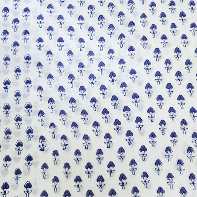 Pure Cotton Jaipuri White With Blue Tiny Flower Buds Motif Hand Block Print Fabric