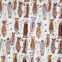 Pure Cotton Jaipuri White With Brown And Orange Fish Hand Block Print Fabric