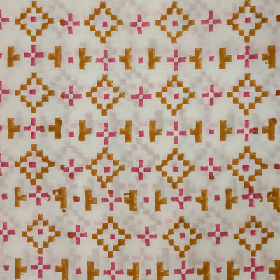 Pure Cotton Jaipuri White With Brown And Pink Plus And Intricate Design Hand Block Print Fabric