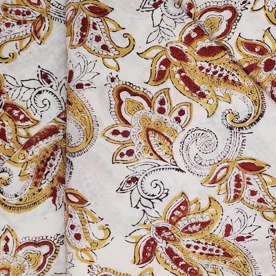 Pure Cotton Jaipuri White With Brown Mustard Curvy Kairi Jaal Hand Block Print Fabric