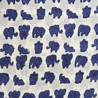 Pure Cotton Jaipuri White With Dark Blue Elephant Hand Block Print Fabric