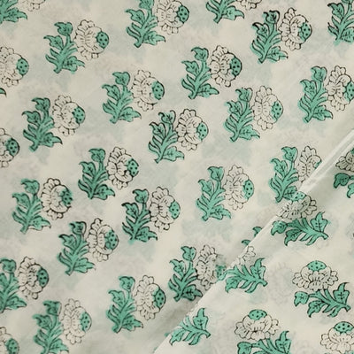 Pure Cotton Jaipuri White With Delicate Green Floral Motifs Hand Block Print Fabric