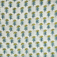 Pure Cotton Jaipuri White With Green And Blue Single Flowers Hand Block Print Fabric