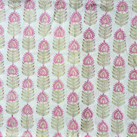 Pure Cotton Jaipuri White With Green And Pink Flower Motif Hand Block Print Fabric