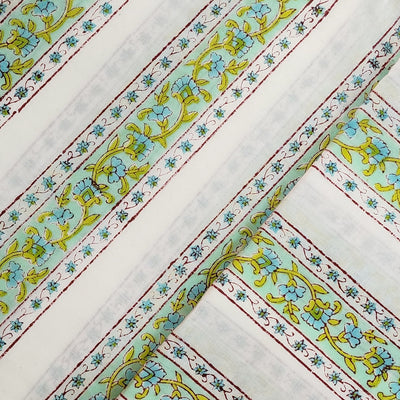 Pure Cotton Jaipuri White With Green Big Border Hand Block Print Fabric