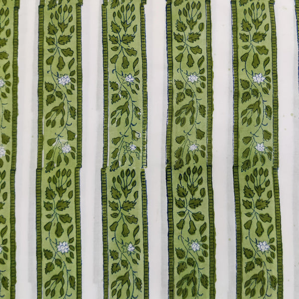 (Blouse Piece 1 meter)Pure Cotton Jaipuri White With Green Border Creeper Hand Block Print Fabric