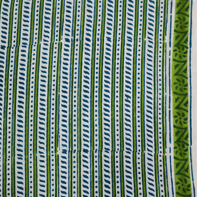 Pre-cut 1.60meter Pure Cotton Jaipuri White With Green  Border Stripes Hand Block Print Fabric