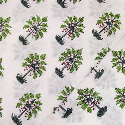( Pre-Cut 1 Meter ) Pure Cotton Jaipuri White With Green Coconut Tree Motif Hand Block Print Fabric