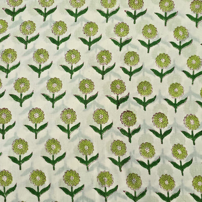 Pure Cotton Jaipuri White With Green Flower Buds Hand Block Print Fabric