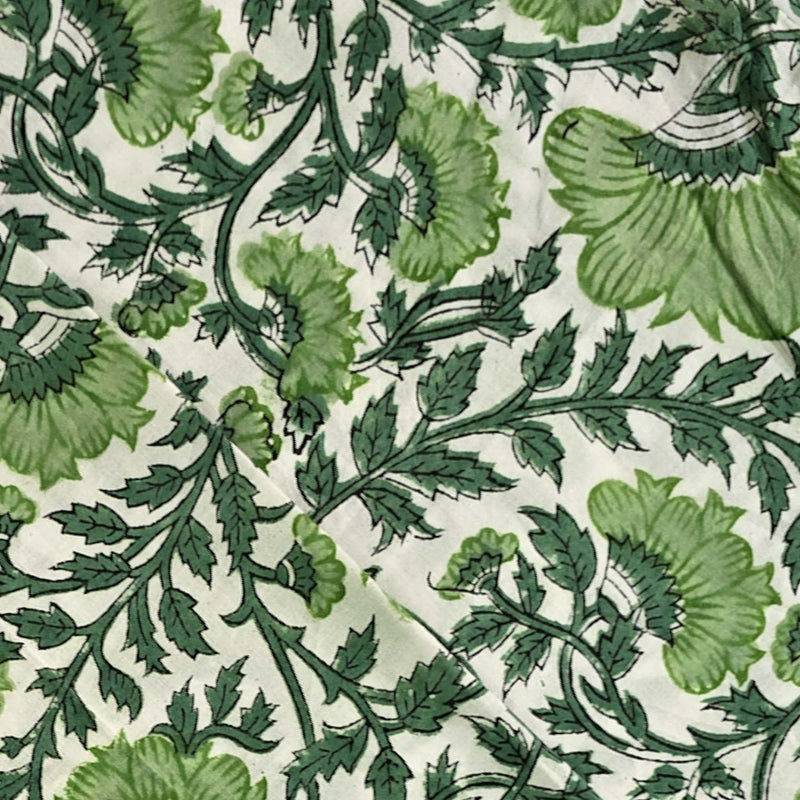 (Pre-Cut 1.75 Meter)Pure Cotton Jaipuri White With Green Wild Flower  Jaal Hand Block Print Fabric