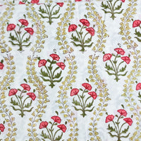 Pure Cotton Jaipuri White With Green With Pink Flower Motif With Creeper Hand Block Print Fabric