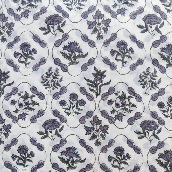 ( Pre-Cut 1.50 Meter ) Pure Cotton Jaipuri White With Grey Blobby Motifs With Plants Hand Block Print Fabric