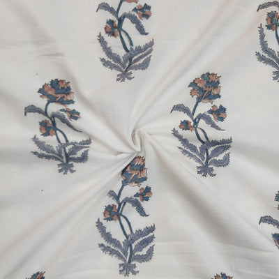 Pure Cotton Jaipuri White With  Grey Flower Motif Hand Block Print Fabric