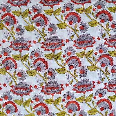 ( Pre-Cut 1.45 Meter ) Pure Cotton Jaipuri White With Grey Red Floral Jaal Hand Block Print Fabric