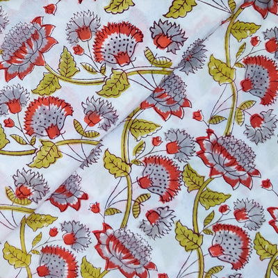 ( Pre-Cut 1.80 Meter ) Pure Cotton Jaipuri White With Grey Red Floral Jaal Hand Block Print Fabric