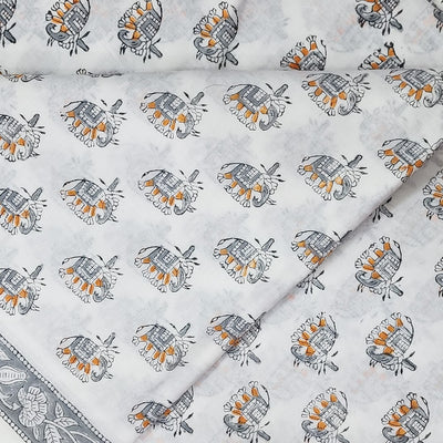 Pure Cotton Jaipuri White With Grey Yellow Elephants Hand Block Print Fabric