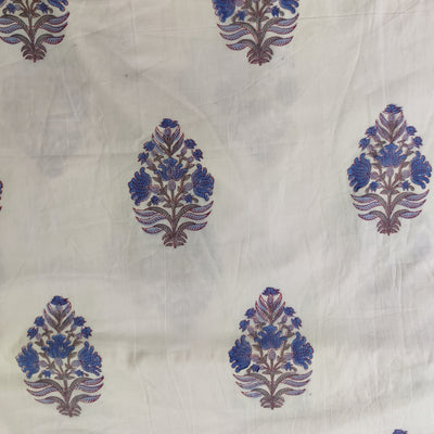 ( Pre-Cut 1 Meter ) Pure Cotton Jaipuri White With Lavender Brown Mughal Motif Hand Block Print Fabric