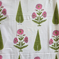Pure Cotton Jaipuri White With Leaves Motif And Pink Flower Motif Hand Block Print Fabric