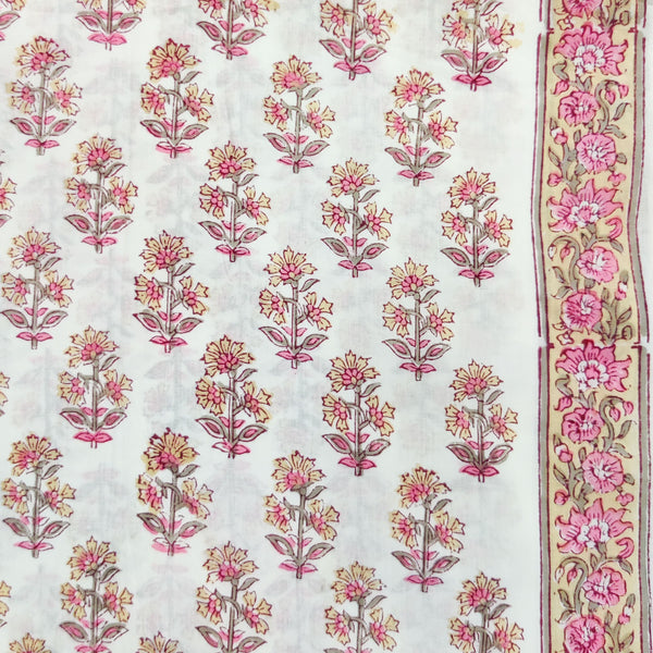 ( Pre-Cut 1.55 Meter ) Pure Cotton Jaipuri White With Light Yellow And Pink Flower Motifs Hand Block Print  Fabric