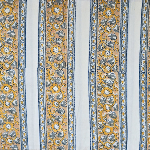 (Pre Cut 1.40 Meter )Pure Cotton Jaipuri White With Mustard Creeper Border Hand Block Print Fabric