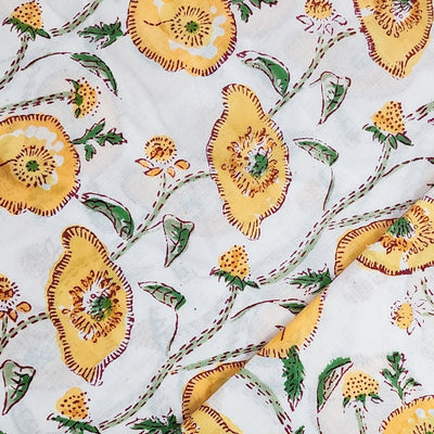 ( Pre-Cut 1.70 Meter ) Pure Cotton Jaipuri White With Mustard Flower Creeper Hand Block Print Fabric