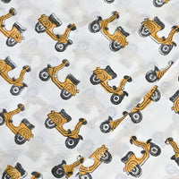 Pure Cotton Jaipuri White With  Mustard Scooter  Hand Block Print Fabric