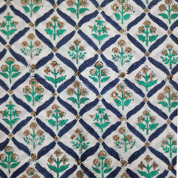 Pre-cut 2 meter Pure Cotton Jaipuri White With Navy Blue All Over Jaali And Plant In Between Hand Block Print Fabric