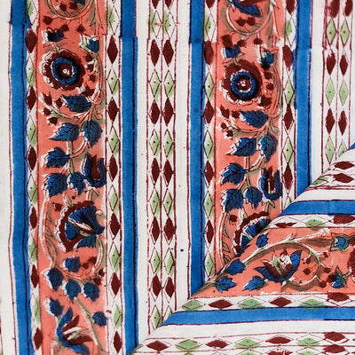 Pure Cotton Jaipuri White With Orange And Blue Border Intricate Design Hand Block Print Fabric