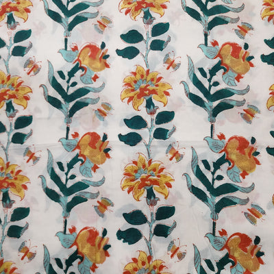 ( Pre-Cut 1.50 Meter )Pure Cotton Jaipuri White With Orange And Mustard Flower Creeper Hand Block Print Fabric