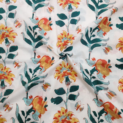 Pure Cotton Jaipuri White With Orange And Mustard Flower Creeper Hand Block Print Fabric