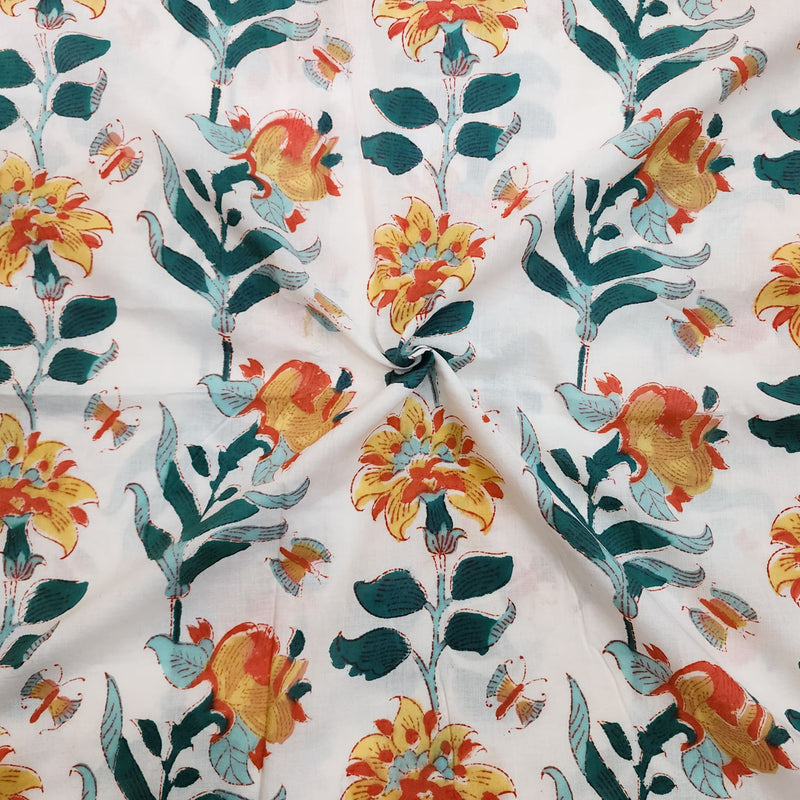 ( Pre-Cut 1.50 Meter )Pure Cotton Jaipuri White With Orange And Mustard Flower Creeper Hand Block Print Fabric