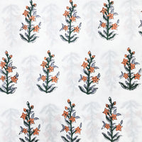 Pure Cotton Jaipuri White With  Orange Flower Plant Motif Hand Block Print Fabric