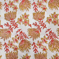 Pure Cotton Jaipuri White With Peach And Mustard Flower Motif Hand Block Print Fabric
