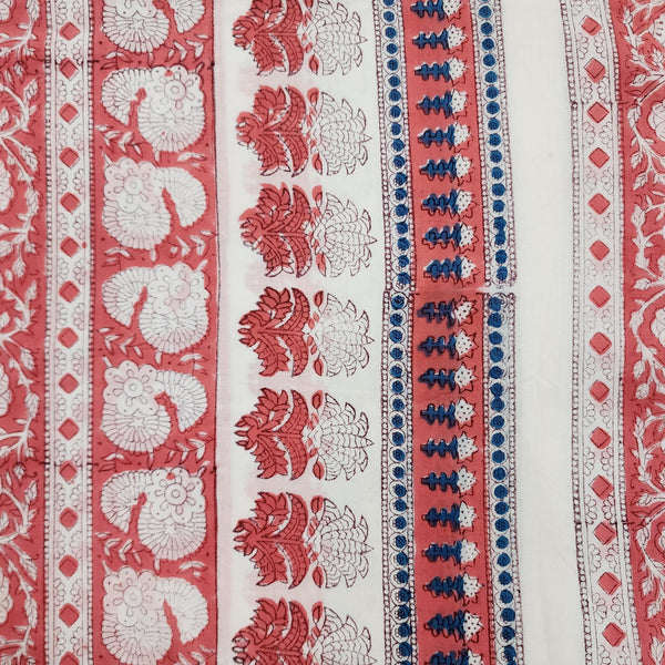 Pure Cotton Jaipuri White With Peach Big Border Hand Block Print Fabric