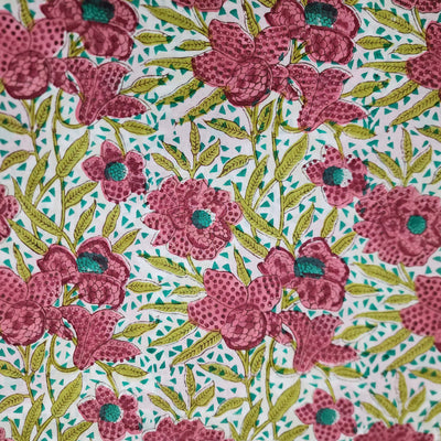 ( Pre-Cut 1.10 Meter ) Pure Cotton Jaipuri White With Peach Orchid Flowers Jaal Hand Block Print Fabric
