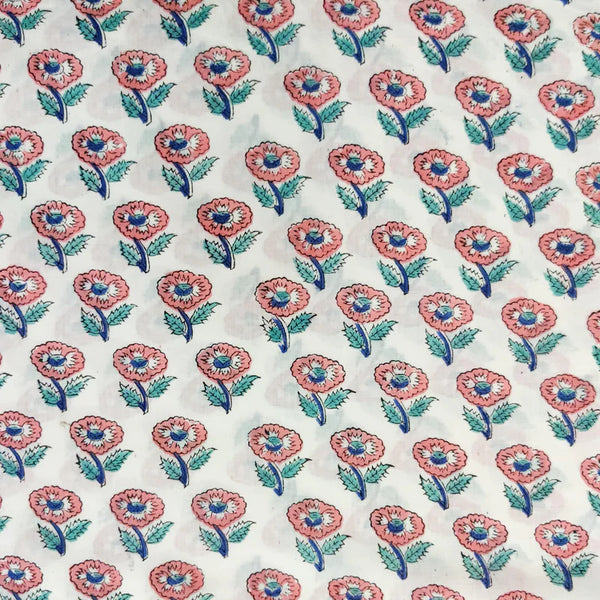 Pre-Cut 1.75 Meter Pure Cotton Jaipuri White With Pink And Blue Flower Bud Hand Block Print Fabric