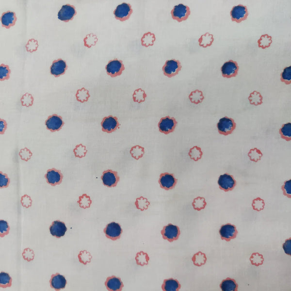 Pre-Cut 2.10 Meter Pure Cotton Jaipuri White With Pink And Blue Kids Flowers Hand Block Print Fabric
