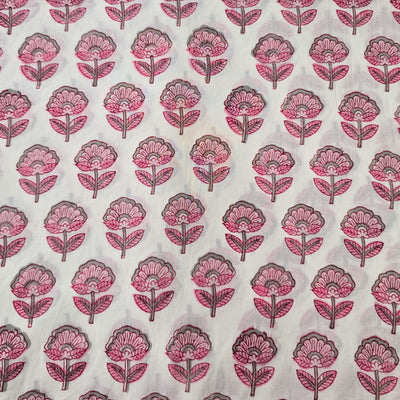 Pure Cotton Jaipuri White With Pink And Grey Flower Motifs Hand Block Print Fabric