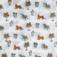 Pure Cotton Jaipuri White With Pink And Mustard Elephant And Tiger Hand Block Print Fabric