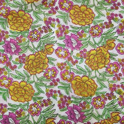 PRE-CUT 1.40 METER Pure Cotton Jaipuri White With  Pink And Yellow Rose Flower Hand Block Print