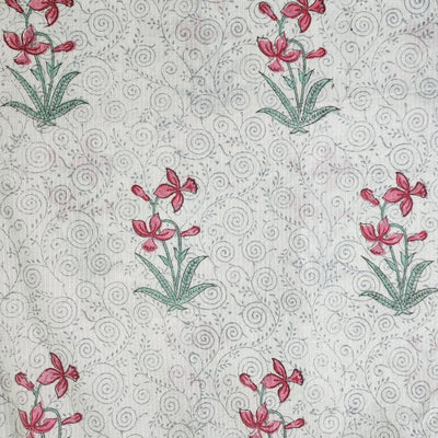 Pure Cotton Jaipuri Pintucks White With Pink Big Flower Motif Hand Block Print Fabric