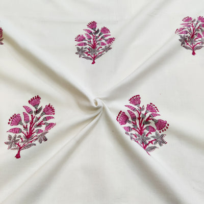 Pure Cotton Jaipuri White With Pink Big Flower Motifs Hand Block Print Fabric