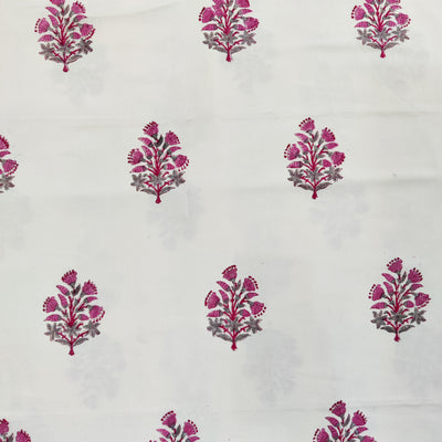 Pure Cotton Jaipuri White With Pink Big Flower Motifs Hand Block Print Fabric