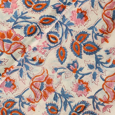 Pure Cotton Jaipuri White With Pink Blue Flower Jaal Hand Block Print Fabric