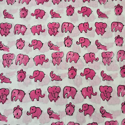 Pure Cotton Jaipuri White With Pink Elephants Hand Block Print Fabric