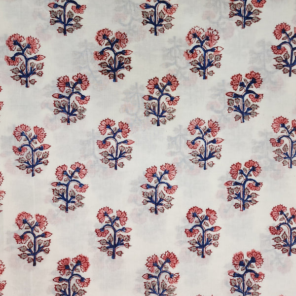 Pure Cotton Jaipuri White With Pink Flower Motif Hand Block Print Fabric