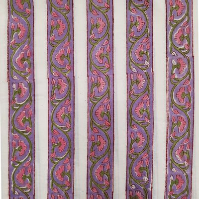 Pre-Cut 1.5 Meter Pure Cotton Jaipuri White With Pink Purple Floral Border Hand Block Print Fabric