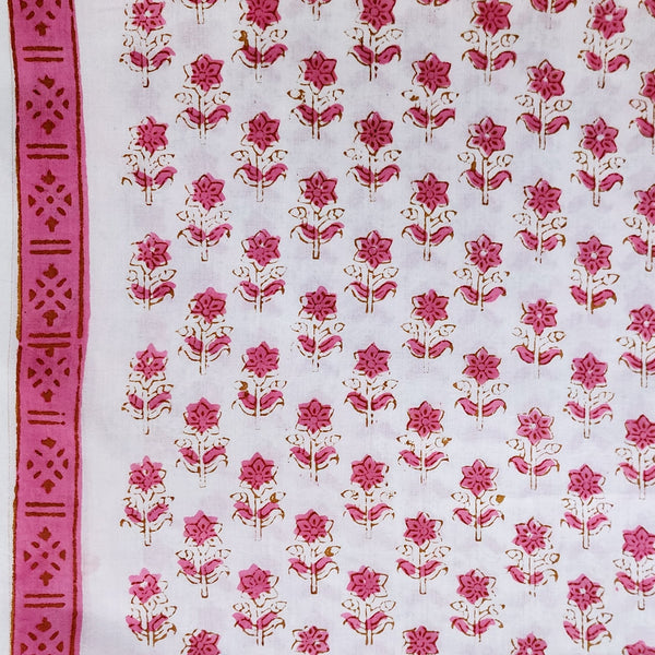 Pure Cotton Jaipuri White With Pink Tiny Daisy Flower Motifs Hand Block Print Fabric