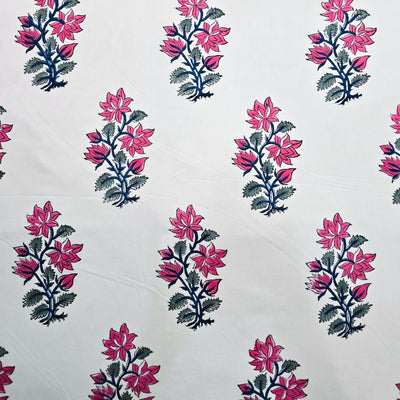 Pure Cotton Jaipuri White With  Pink Tulip Big Motif Hand Block Print Fabric