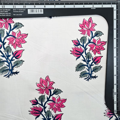 Pure Cotton Jaipuri White With  Pink Tulip Big Motif Hand Block Print Fabric